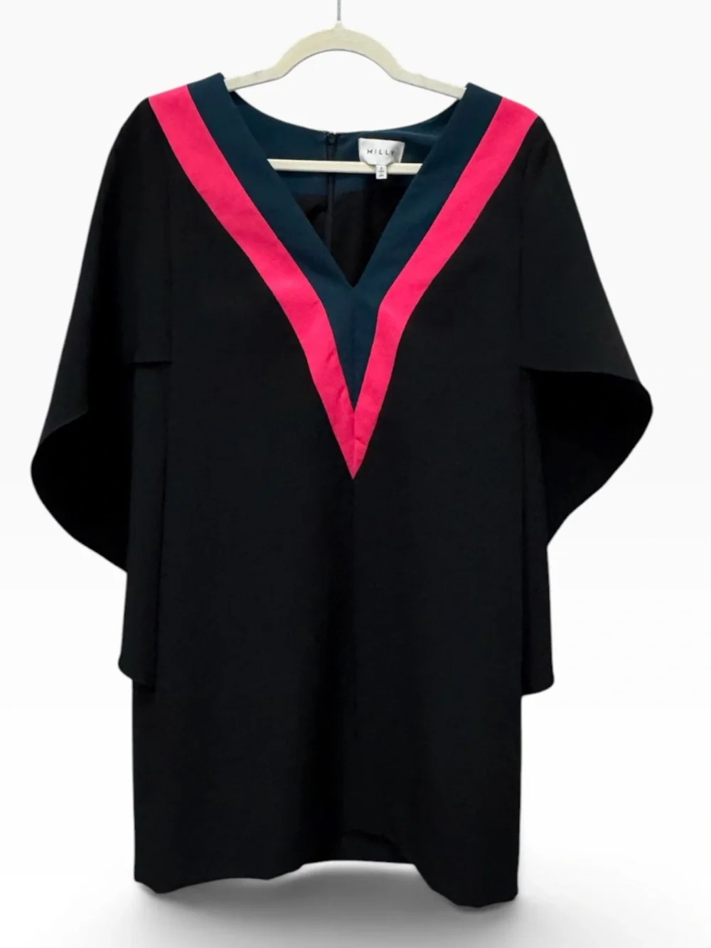 Milly Black Cape Sleeve Shift Dress Pink Teal Trim Size 2